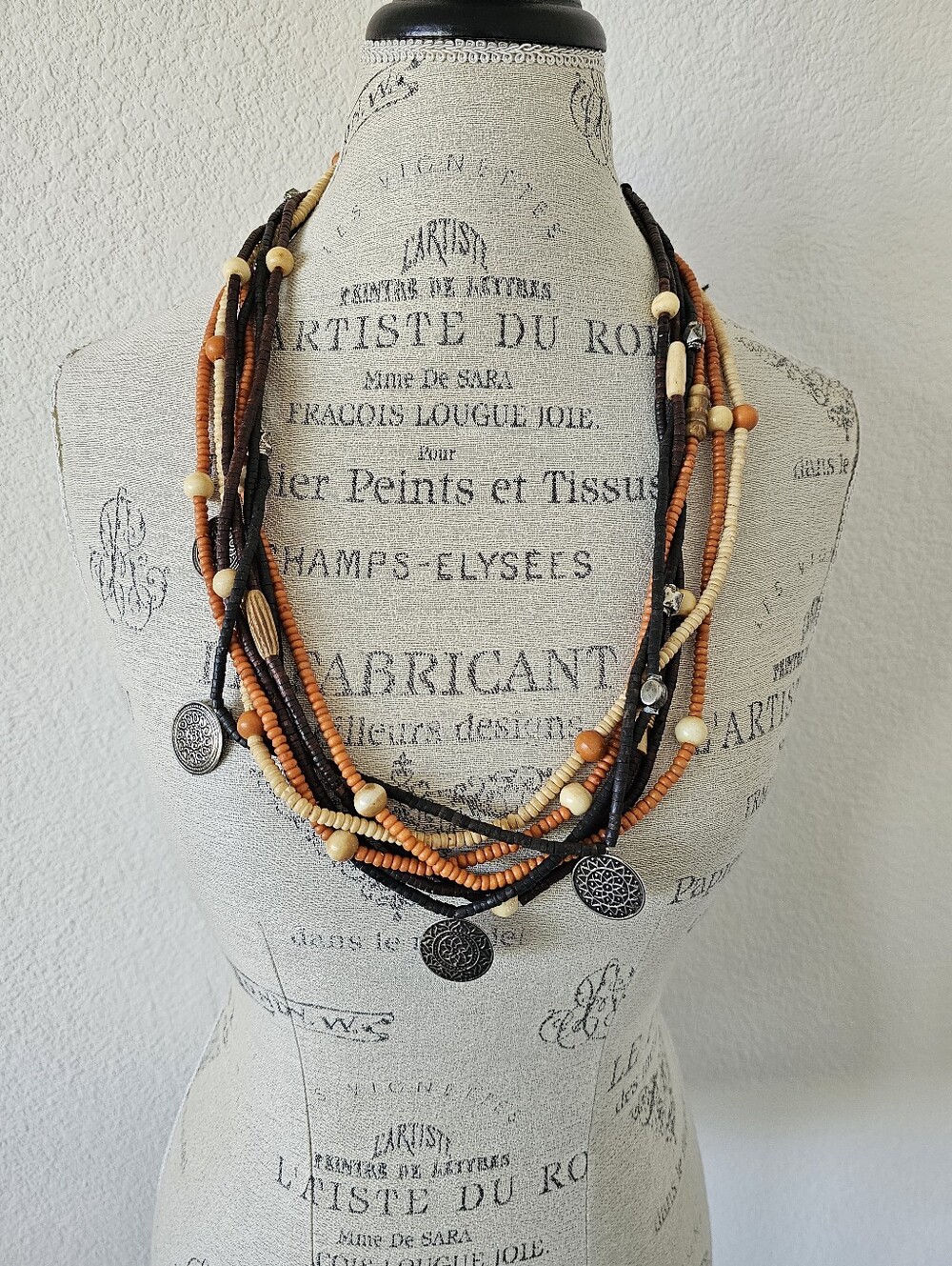 Vintage Earthy Multi-Strand Wooden Bead Layered Necklace – Silver Mandala
